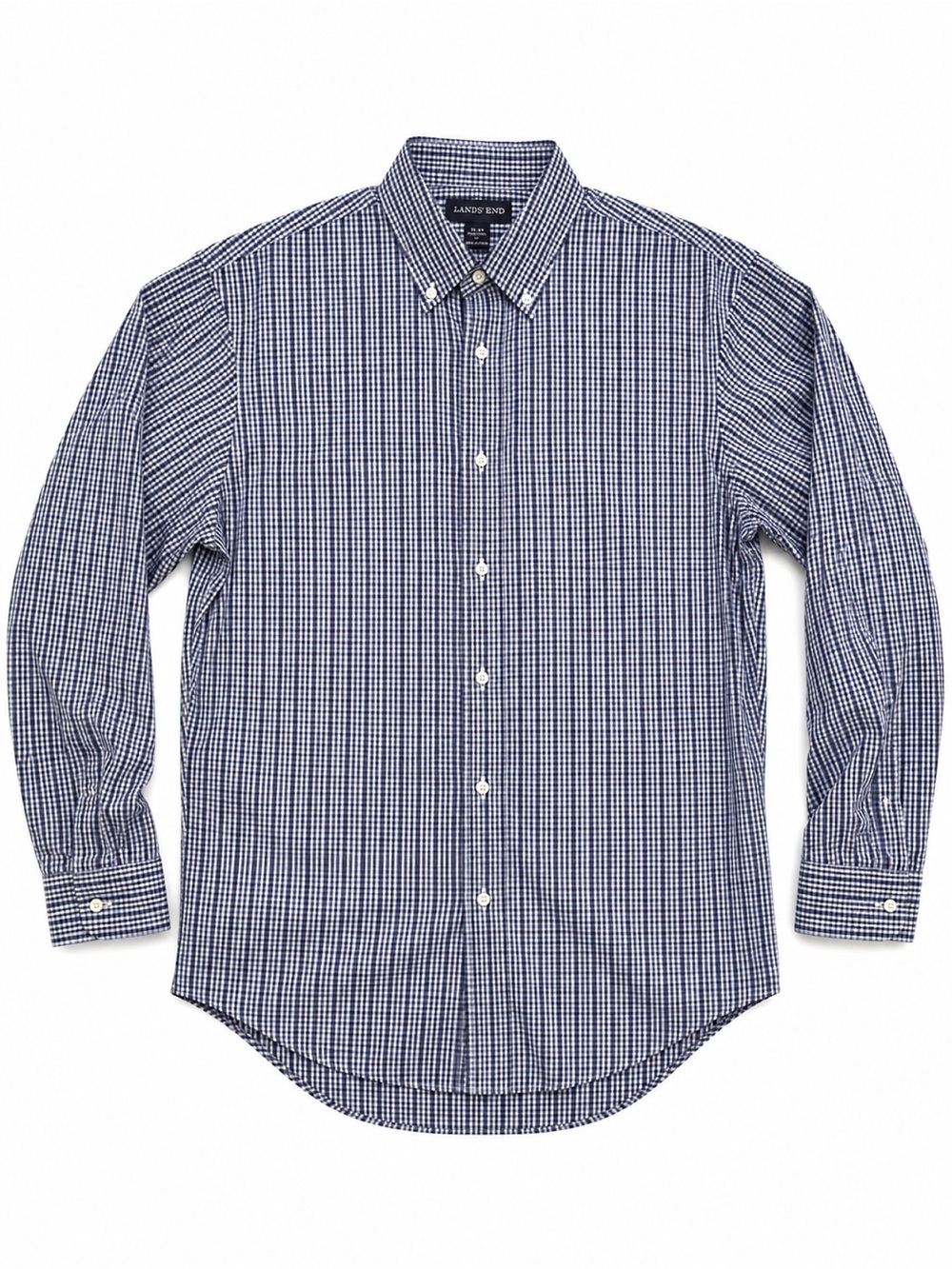 Lands End Men’s Blue / White Checkered Button Down Dress Shirt Cotton Neck 16